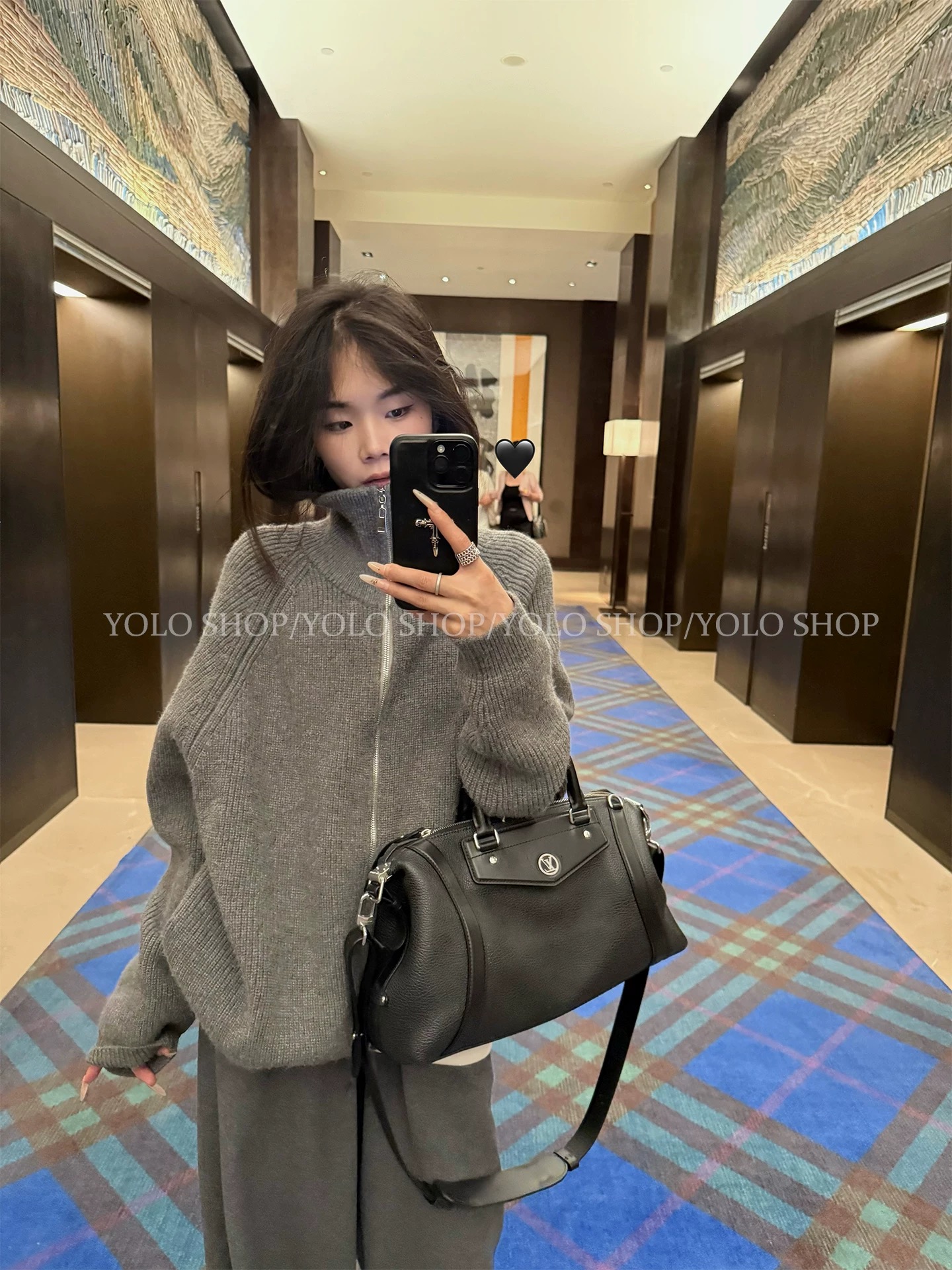 YOLO SHOP  灰色简约高领毛衣女秋季宽松百搭针织开衫外套上衣