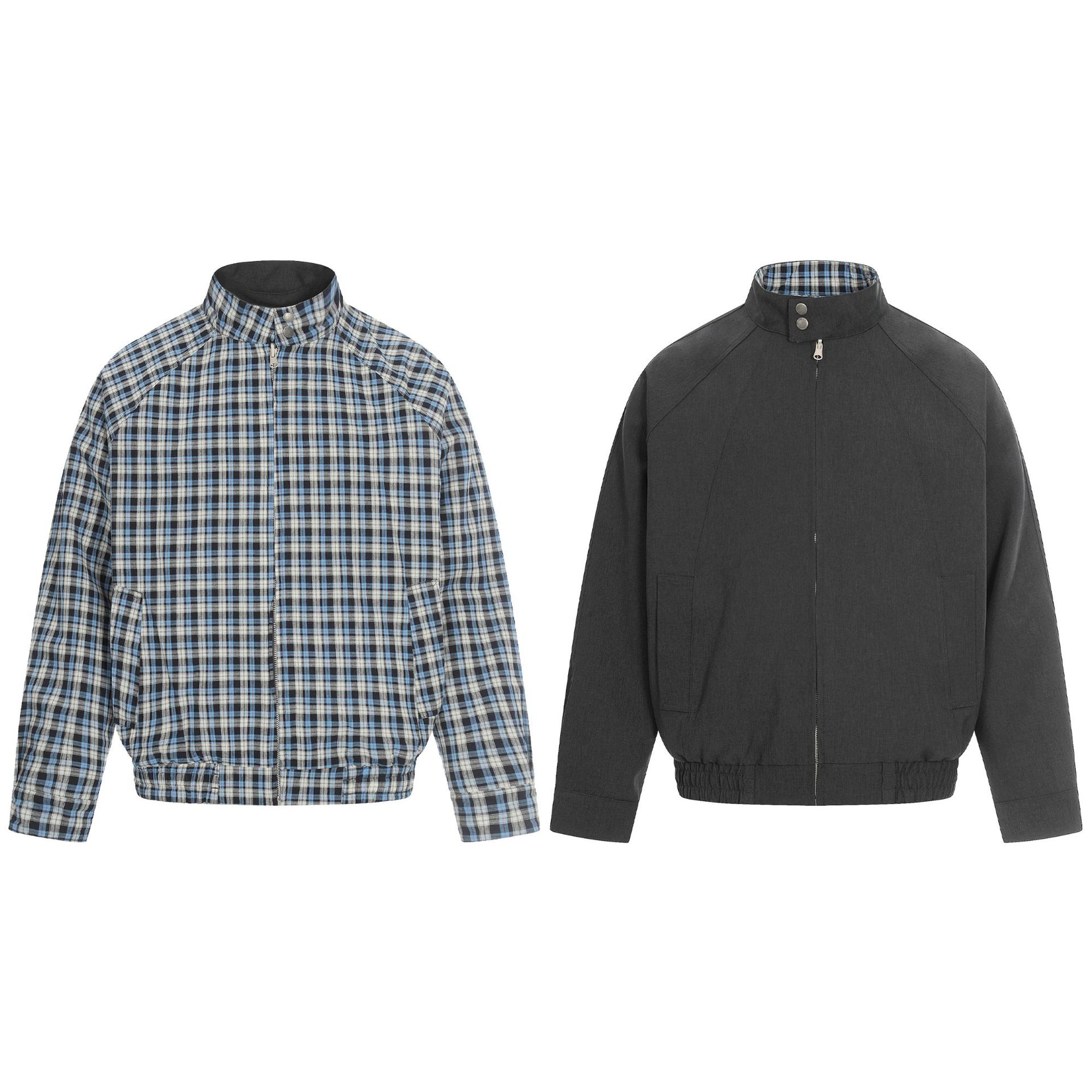 11KN美式复古格纹哈灵顿夹克男女设计感双面穿搭撞色立领外套上衣