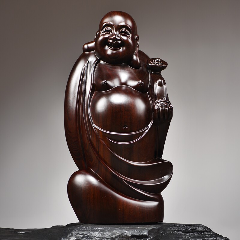 黑檀木雕如意弥勒佛像摆件木质大肚笑佛红木工艺礼品家居客厅装饰