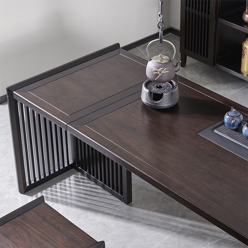 东墅新中式黑檀木功夫茶台茶椅组合高档办公家用一体实木长茶桌P6