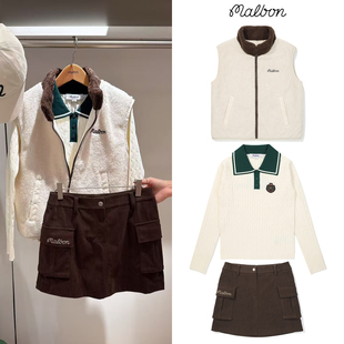 韩国秋冬季MALBON高尔夫女装套装双面穿羽绒服马甲长袖针织衫短裙