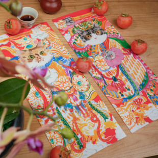 年画A.B.C款 王五角星 可爱猫猫门神