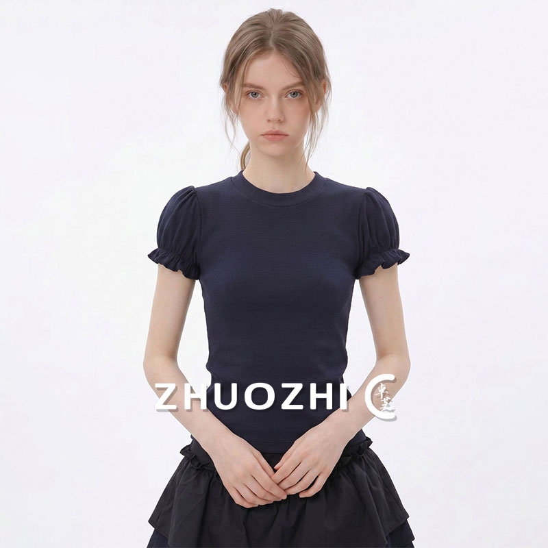 法式泡泡袖短袖显瘦T恤女图片