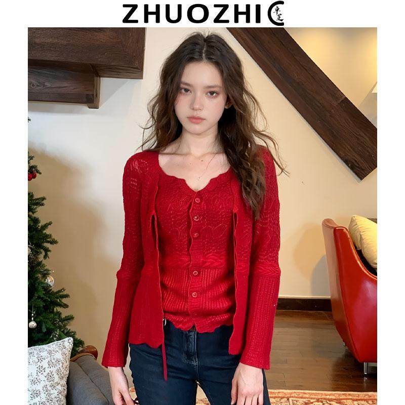 卓芝法式针织开衫背心两件套女装图片
