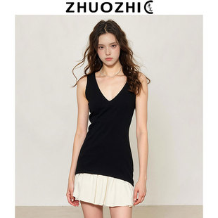 【卓芝】法式纯色拼接设计感无袖连衣裙女2025夏季新款修身短裙女