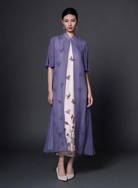 吉祥衣家新中式国风桑蚕丝裙子修身女装梦里栩然真丝刺绣连衣裙