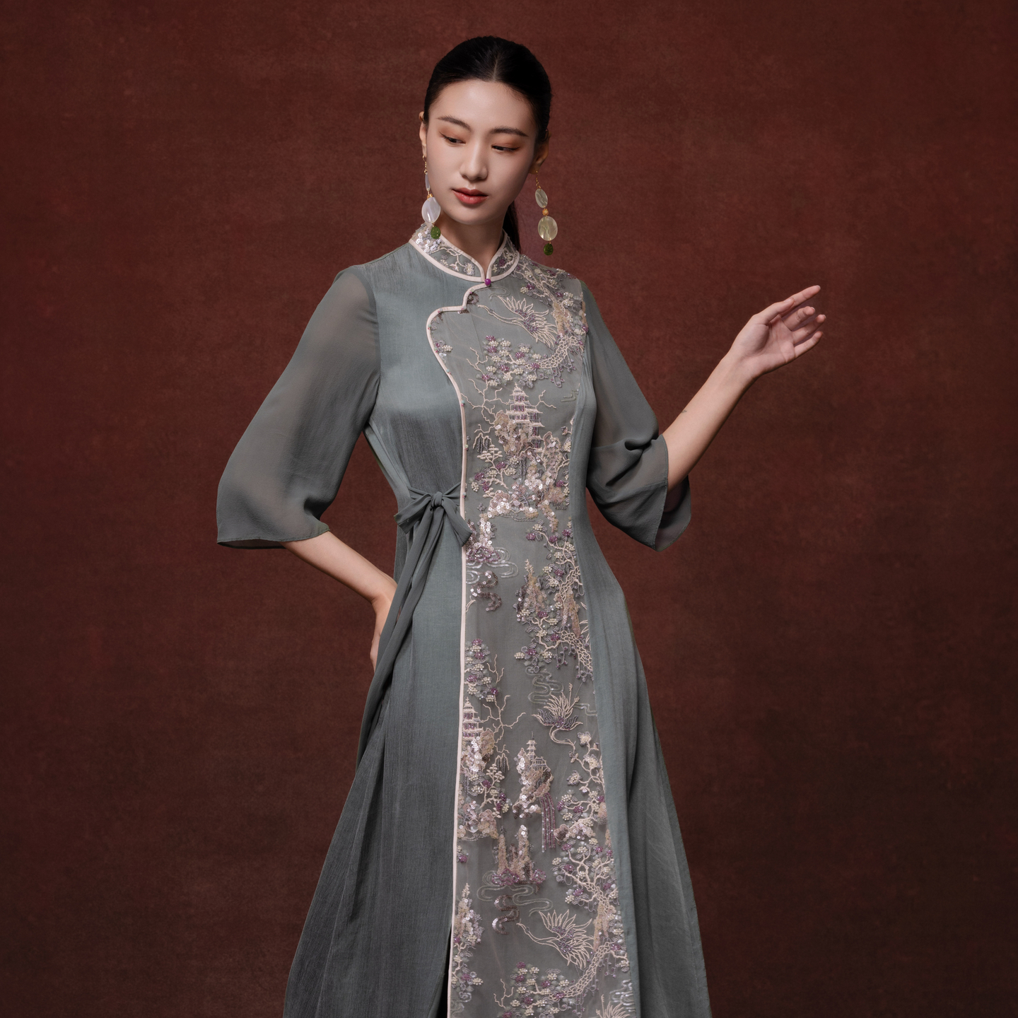 吉祥衣家新中式碧阁游丝连衣裙