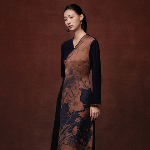 吉祥衣家新中式国风新款绵羊毛高定女装长裙气质长袖连衣裙春秋款