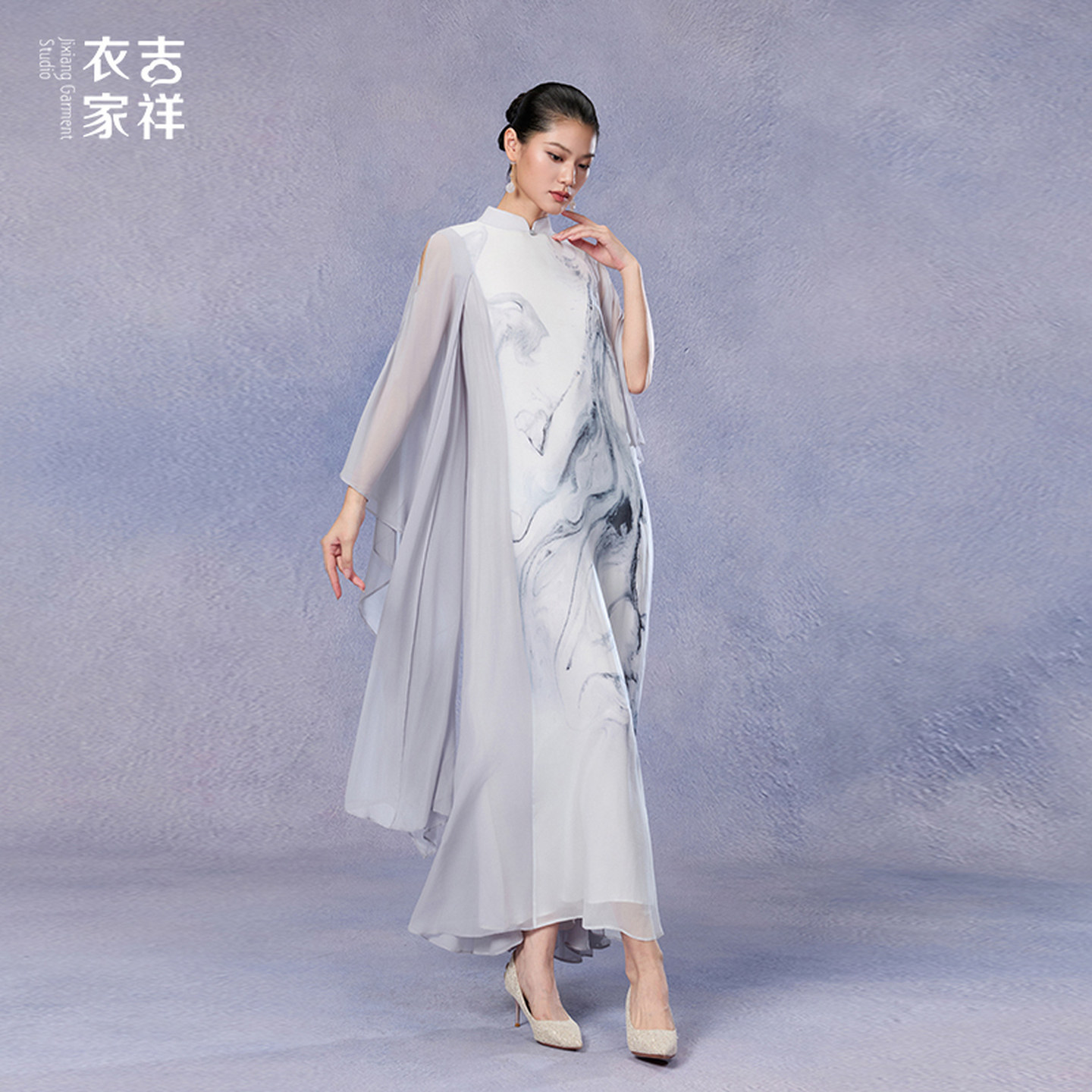 吉祥衣家轻薄100%桑蚕丝新中式国风水墨画气质女装素水流淌连衣裙