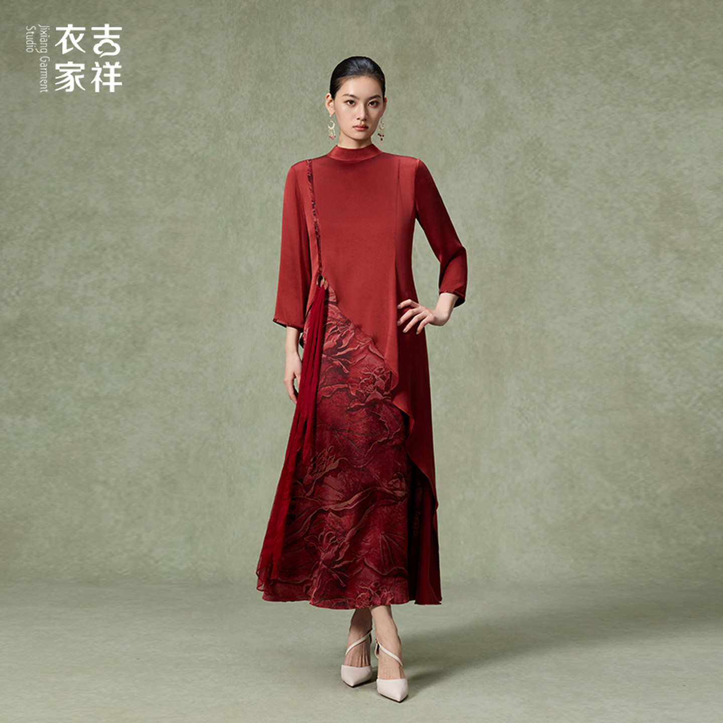 吉祥衣家新中式国风100%桑蚕丝裙子气质修身女装金络城曲连衣裙