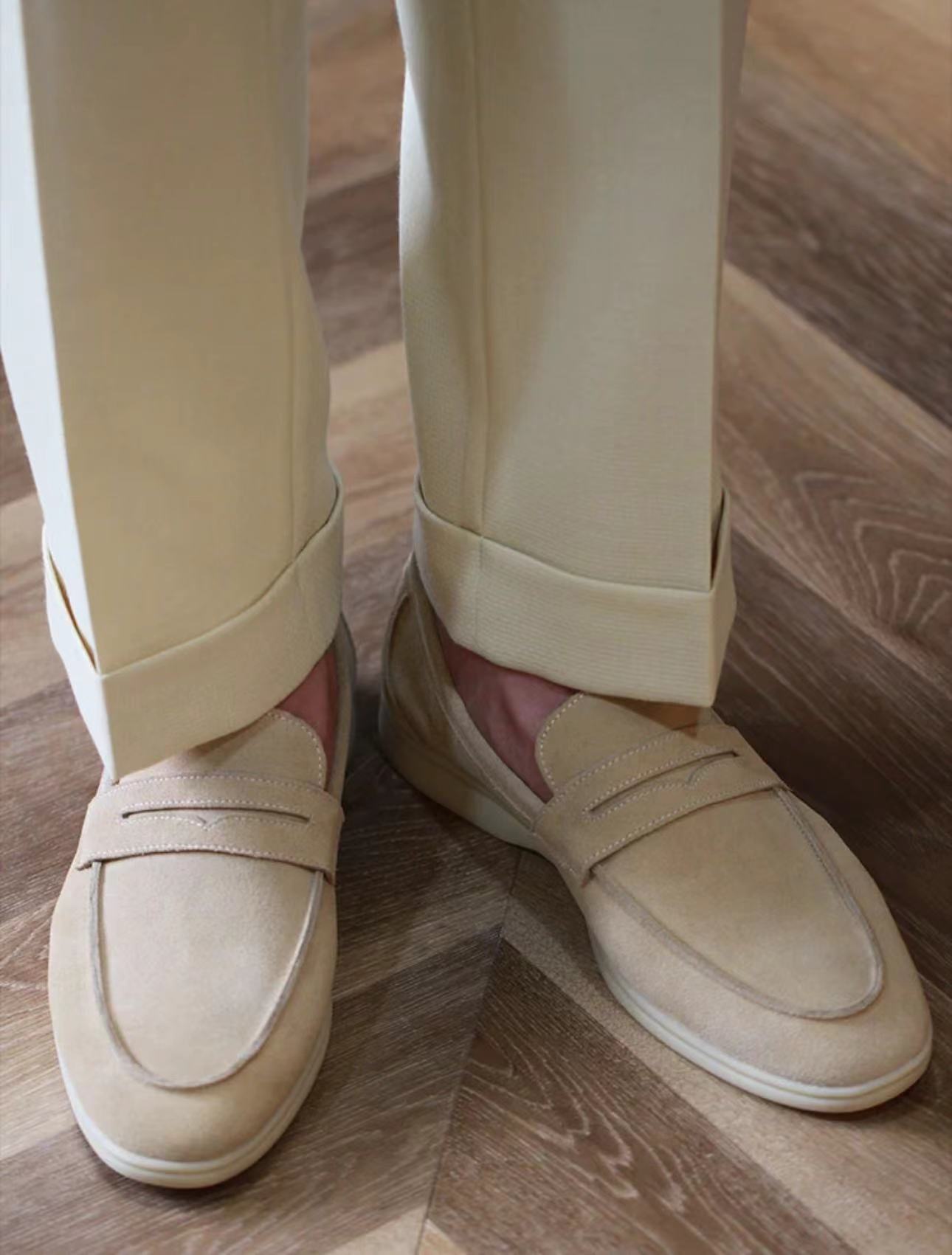 新款夏季手工真皮卡其英伦反绒牛皮舒适一脚蹬男士休闲西装乐福鞋