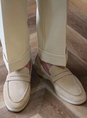 新款夏季手工真皮卡其英伦反绒牛皮舒适一脚蹬男士休闲西装乐福鞋