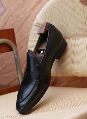 oldmoney英伦风头层牛皮百搭商务皮鞋男士透气一脚蹬便士乐福鞋男