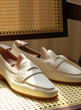 英伦复古乳白色柔软头层牛皮皮软底春夏一脚蹬西装手工比利乐福鞋