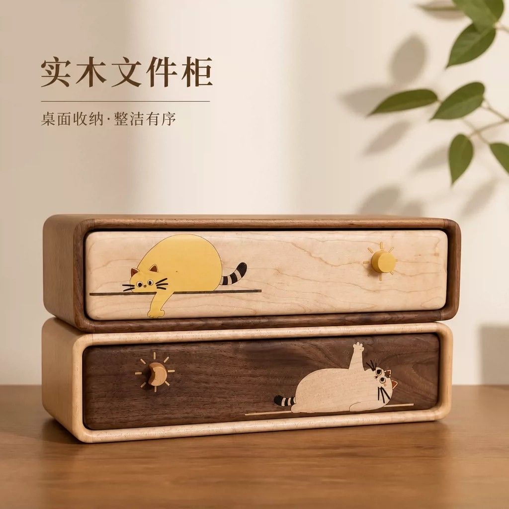 黑胡桃木桌面双层玄关小抽屉式家用实木文件收纳盒首饰杂物收纳柜