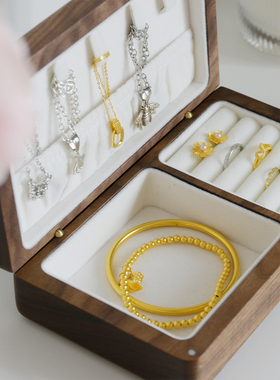 黑胡桃木首饰盒单层三金首饰收纳高档复古木质项链戒指手饰盒便携