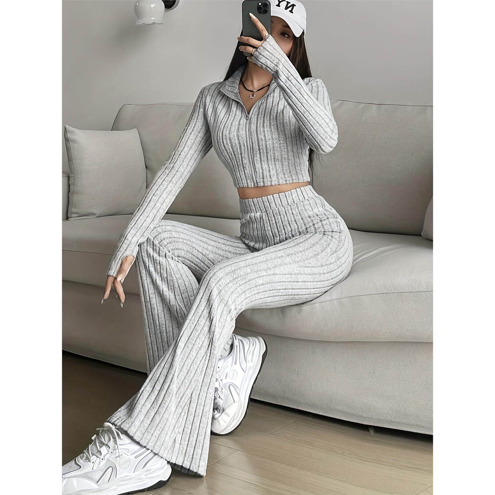 women clothes时尚纯色罗纹两件套 拉链长袖短款上衣和高腰喇叭裤