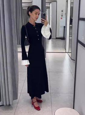 women clothes跨境兔绒包芯纱显瘦拼接长袖针织长款连衣裙休闲收