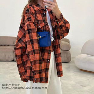 loose 歐美休閑格紋翻領寬松中長款 Checkered fitting 襯衣 shirt