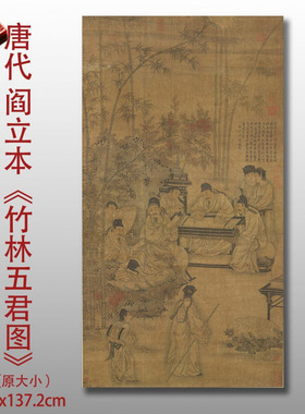 唐代阎立本 竹林五君图名家国画真迹复制品高清打印艺术微喷绢本