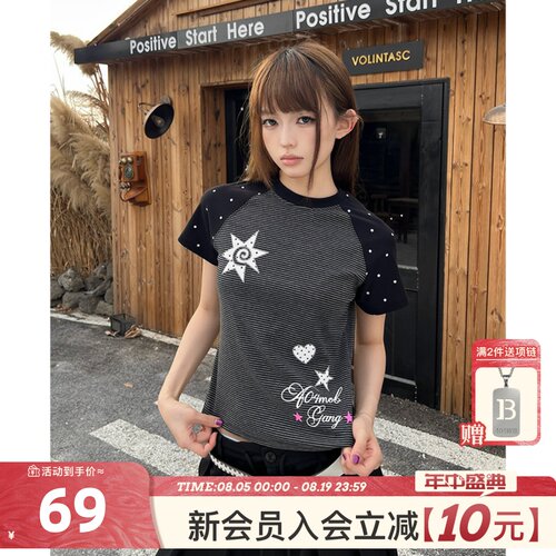 404MOB波点拼接美式辣妹短袖T恤女2026夏季修身短款正肩Y2K显瘦潮