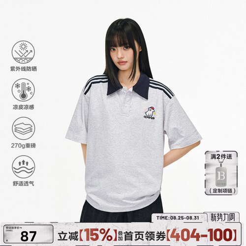 404MOB潮牌刺绣小狗POLO衫短袖t恤女男夏季宽松运动条纹半袖上衣