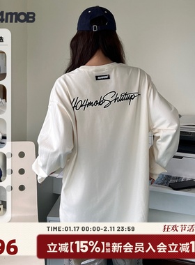 404MOB花体LOGO立体印花长袖T恤男国潮宽松复古情侣打底美式上衣