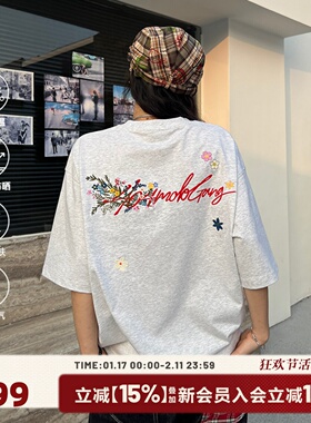 [徐艺洋同款]404MOB手写花卉刺绣短袖T恤男女款美式宽松凉感防晒t