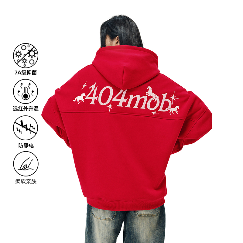 404MOB马年2026新年红重工刺绣加厚加绒保暖连帽卫衣男女潮牌帽衫