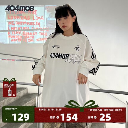 404MOB美式潮流印花复古三条杠长袖T恤男情侣宽松松紧袖口打底衫