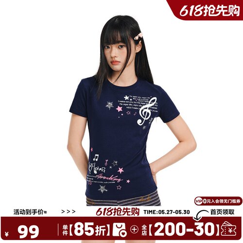 404MOB设计感潮流音符印花短袖T恤女夏季新款辣妹甜酷小众上衣INS