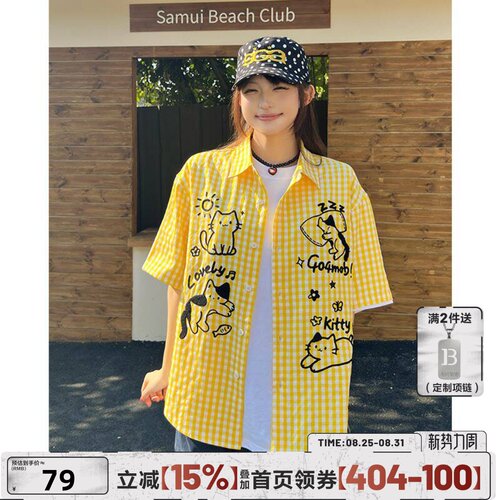 404MOB立体毛巾绣可爱小猫夏季短袖格子衬衫女休闲百搭宽松潮牌t
