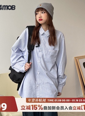 404MOB国潮复古经典刺绣条纹长袖衬衫男女ins宽松休闲衬衣外套bf