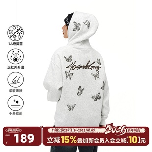 抗菌高街情侣帽衫 404MOB重工纯色蝴蝶刺绣连帽卫衣美式 明星同款