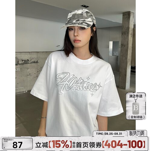 404MOB烫钻设计感重磅纯棉短袖宽松T恤男女情侣夏季半袖打底衫