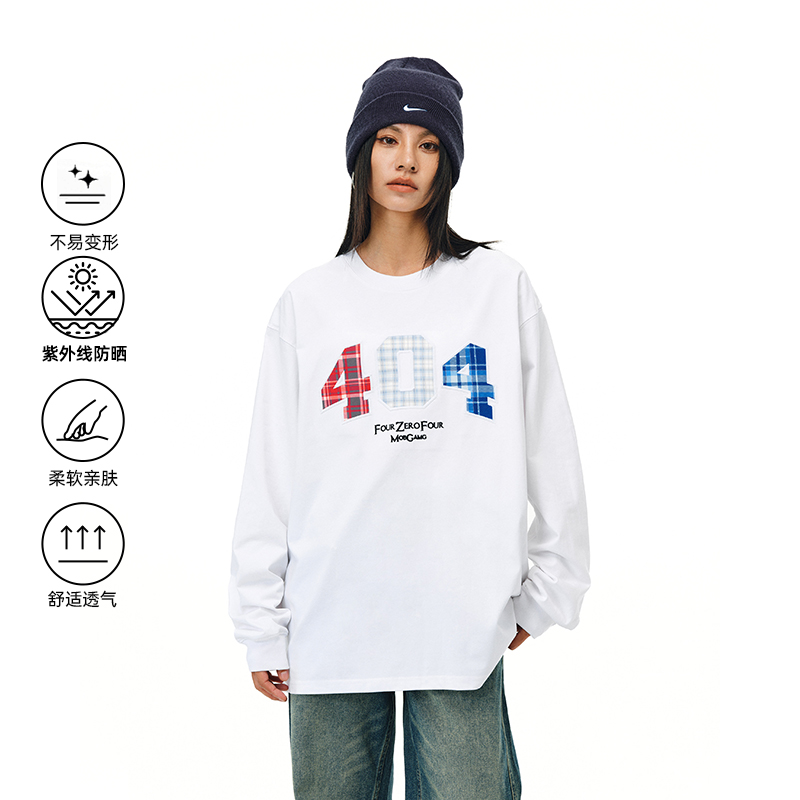 [唐九洲同款]404MOB秋撞色格子贴布刺绣长袖T恤男重磅圆领体恤衫