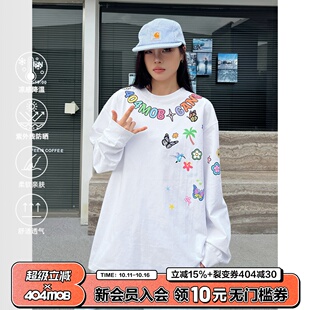 T恤男美式 404MOB趣味卡通字母涂鸦印花长袖 情侣上衣 赵品霖同款
