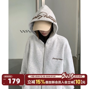 404MOB复古美式 卫衣男休闲潮流加绒外套 秋冬花体字母刺绣连帽开衫