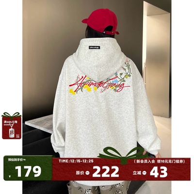 404MOB花卉字母刺绣重磅连帽卫衣
