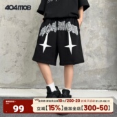 404MOB美式 子 小众十字烟雾印花宽松休闲运动五分裤 重磅短裤 男夏季