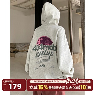 宽松套头休闲情侣装 404MOB搞怪眼珠印花加绒连帽卫衣美式 重磅厚款