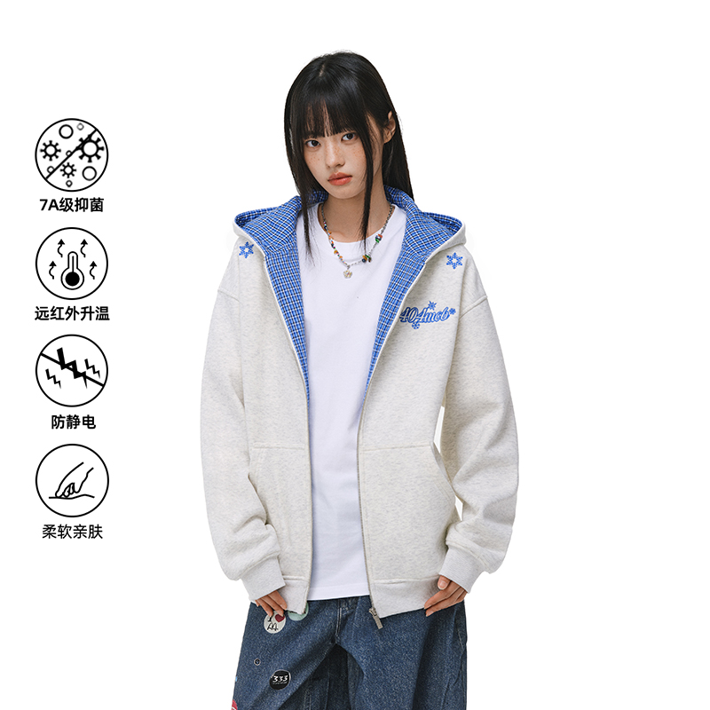 404MOB格纹撞色加绒加厚连帽卫衣男女秋冬季情侣开衫外套miu上衣