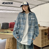 男洗水蓝刺绣做旧美式 404MOB仿扎染复古格子长袖 衬衫 宽松百搭衬衣
