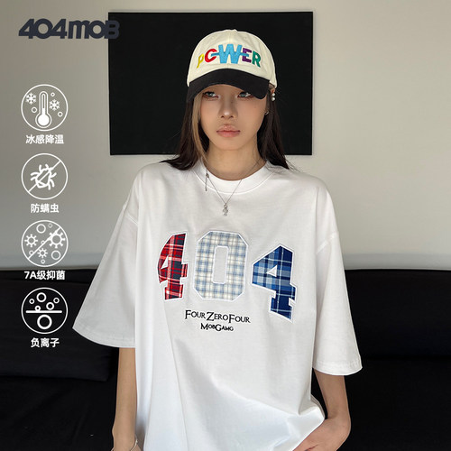 404MOB格子贴布刺绣圆领短袖T恤