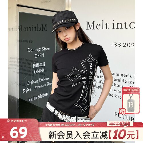 404MOB美式立体烫钻甜辣正肩修身款短袖上衣女十字架印花短T恤衫