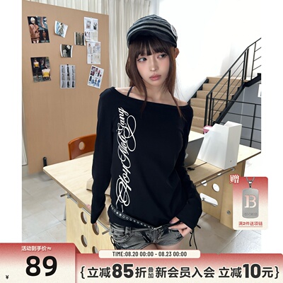 404MOB哥特印花一字肩收腰罩衫韩系松弛感斜肩显瘦防晒长袖T恤女