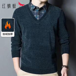 针织打底衫 休闲保暖爸爸冬装 圆领毛衣加绒加厚秋冬新款 红蜻蜓男士