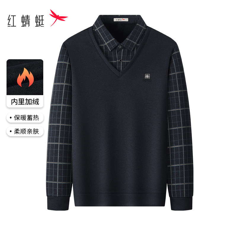 红蜻蜓男士假两件毛衣加绒加厚冬季新款休闲保暖中年爸爸装打底衫