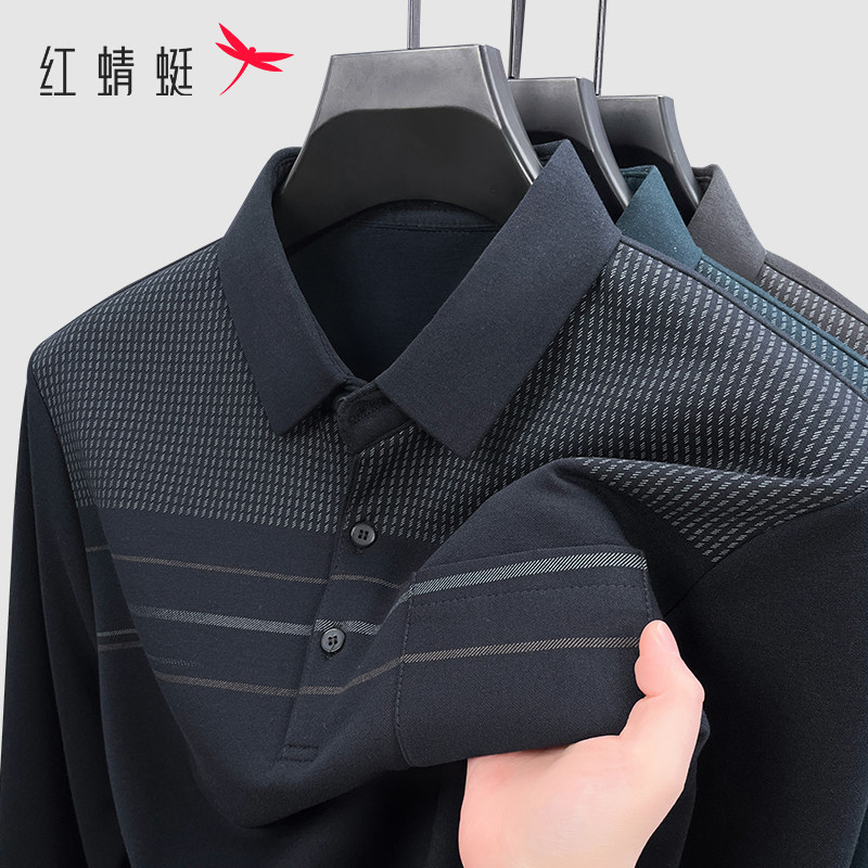 红蜻蜓中老年男爸爸装春装2025新款简约条纹口袋款长袖T恤POLO衫