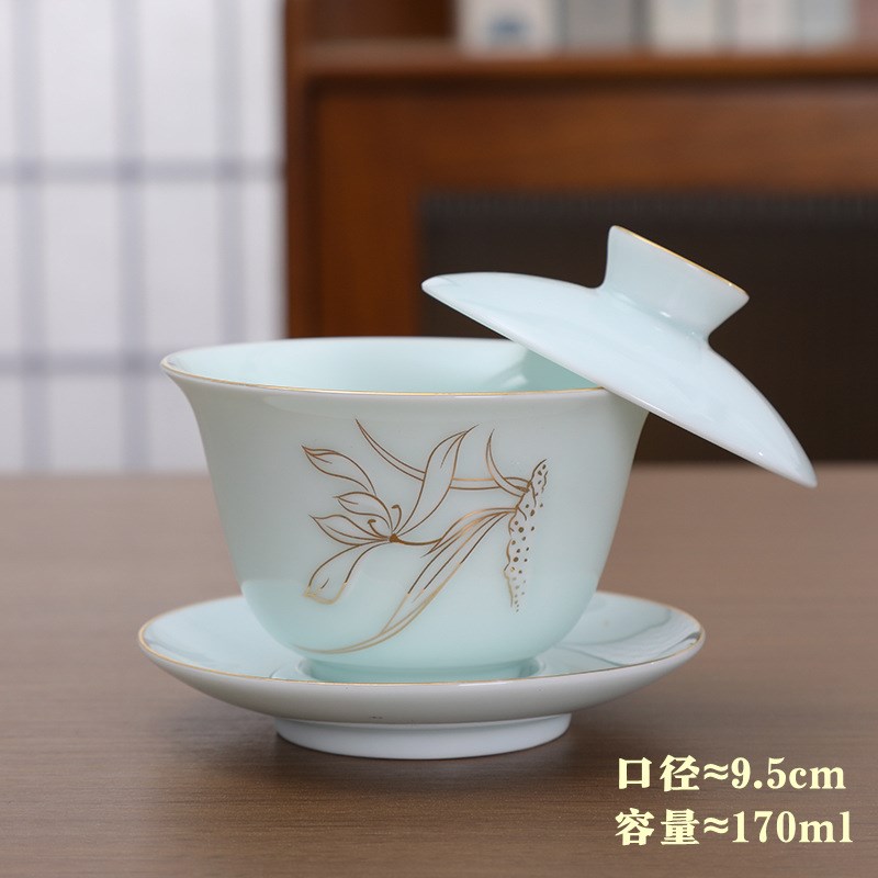 陶瓷盖碗功夫三才泡茶碗单个中式简约影I青描金家用茶具手工泡茶